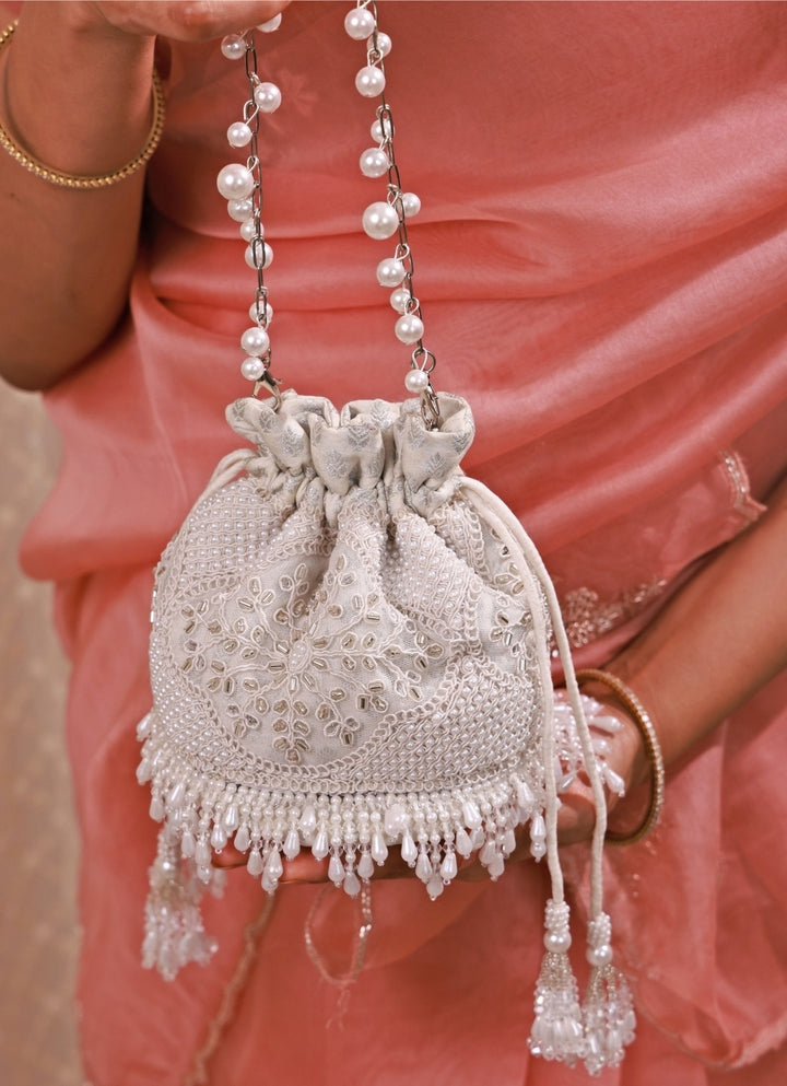 Silver Pearl Embroidered Silk Mini Potli