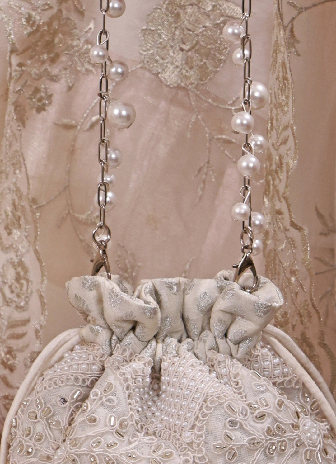 Silver Pearl Embroidered Silk Mini Potli
