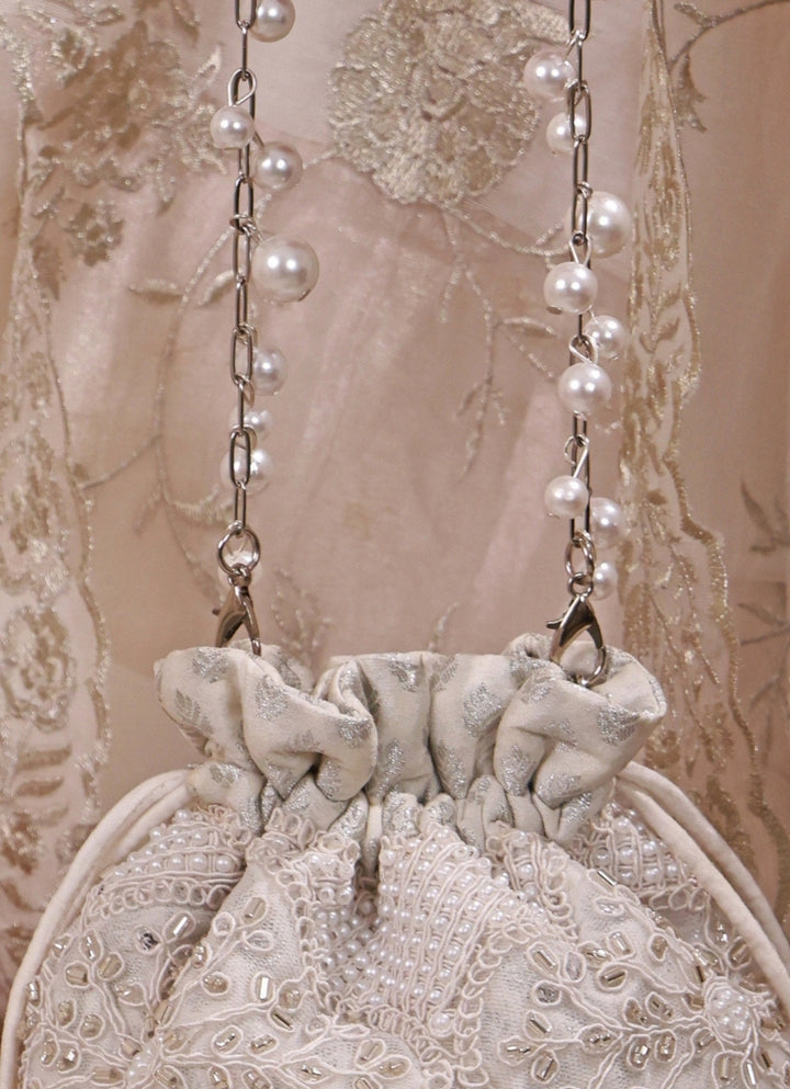 Silver Pearl Embroidered Silk Mini Potli