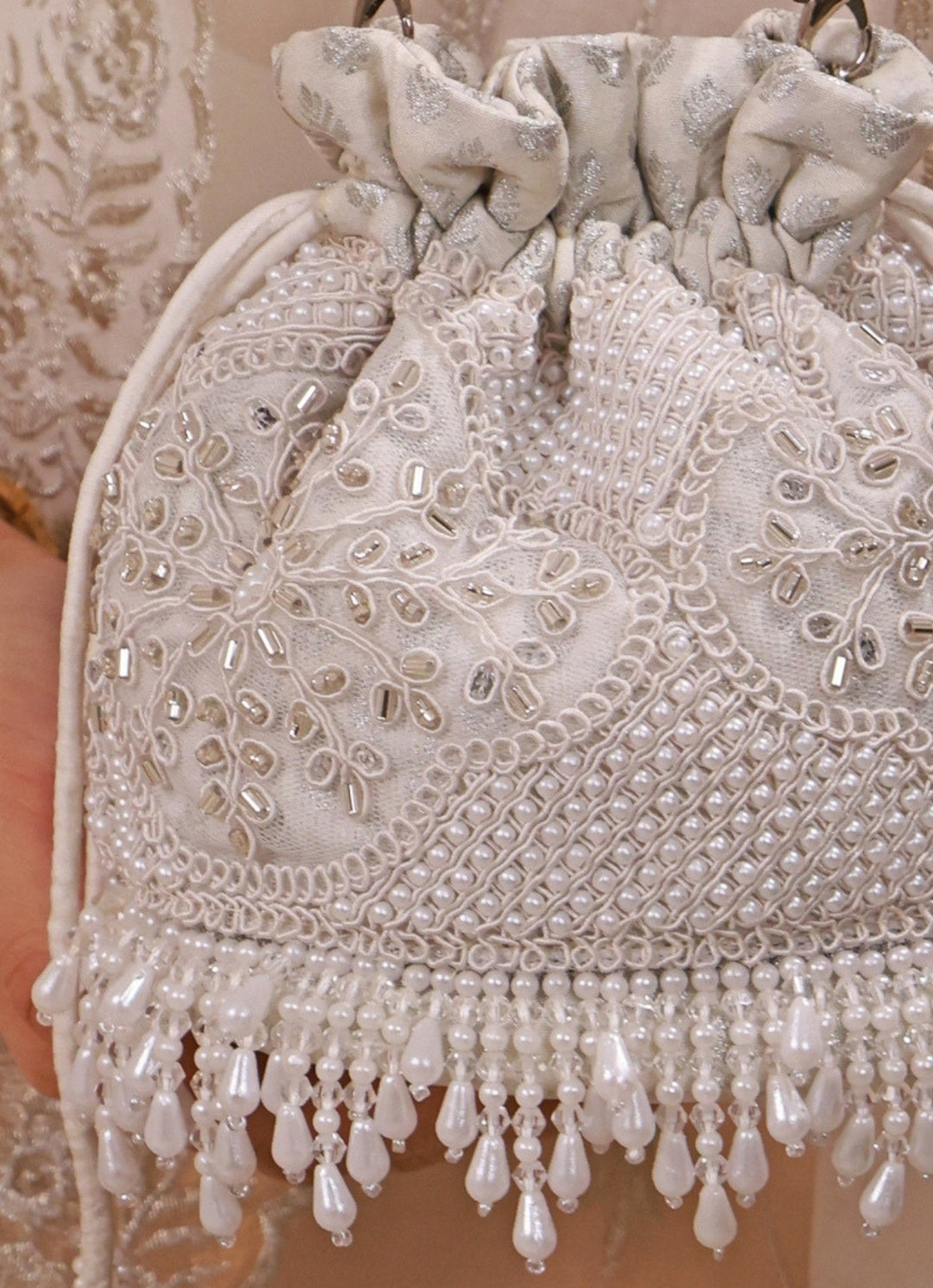 Silver Pearl Embroidered Silk Mini Potli