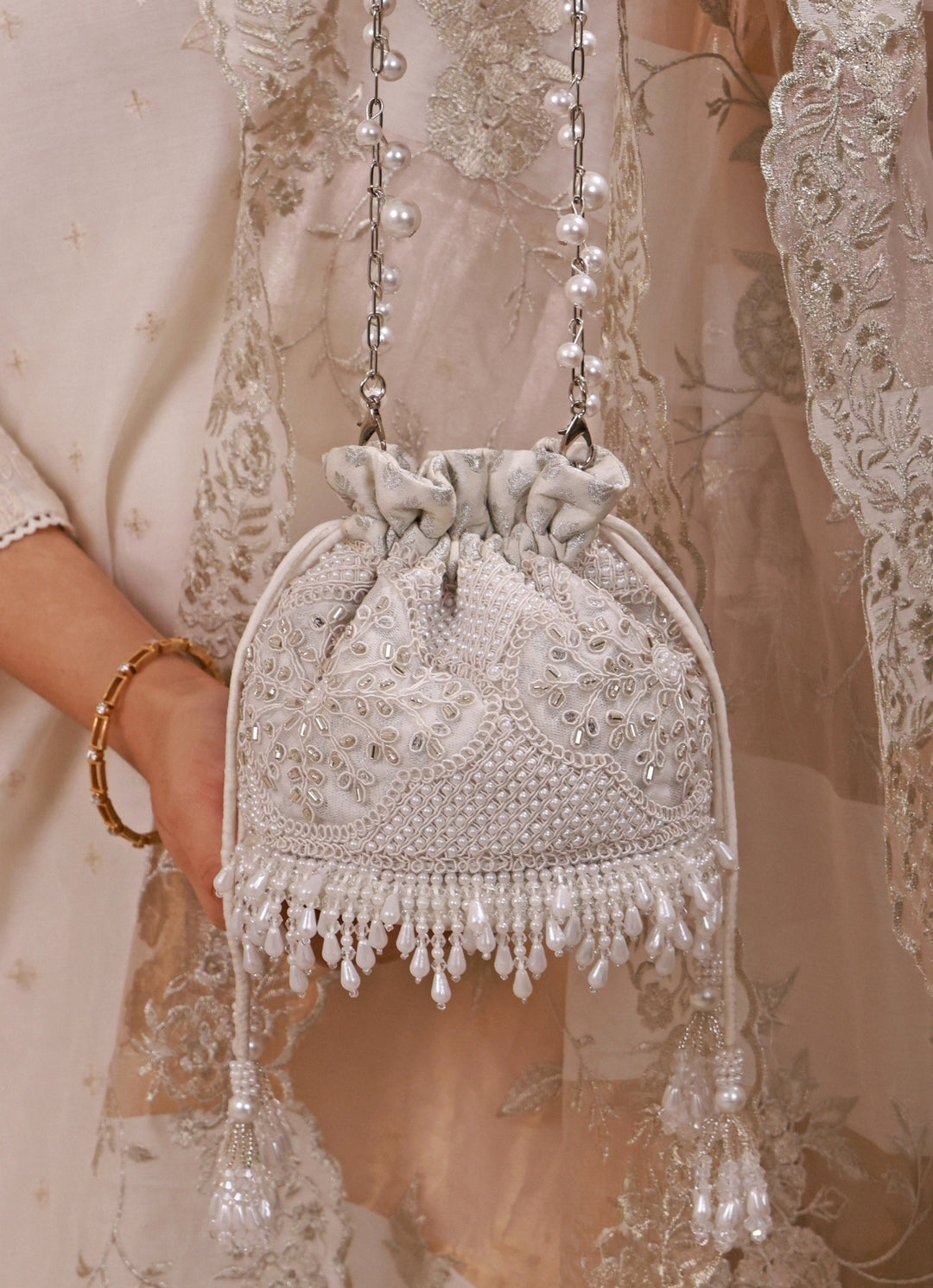 Silver Pearl Embroidered Silk Mini Potli