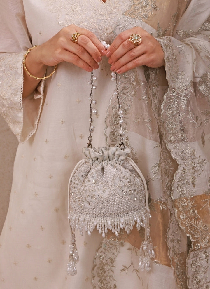Silver Pearl Embroidered Silk Mini Potli