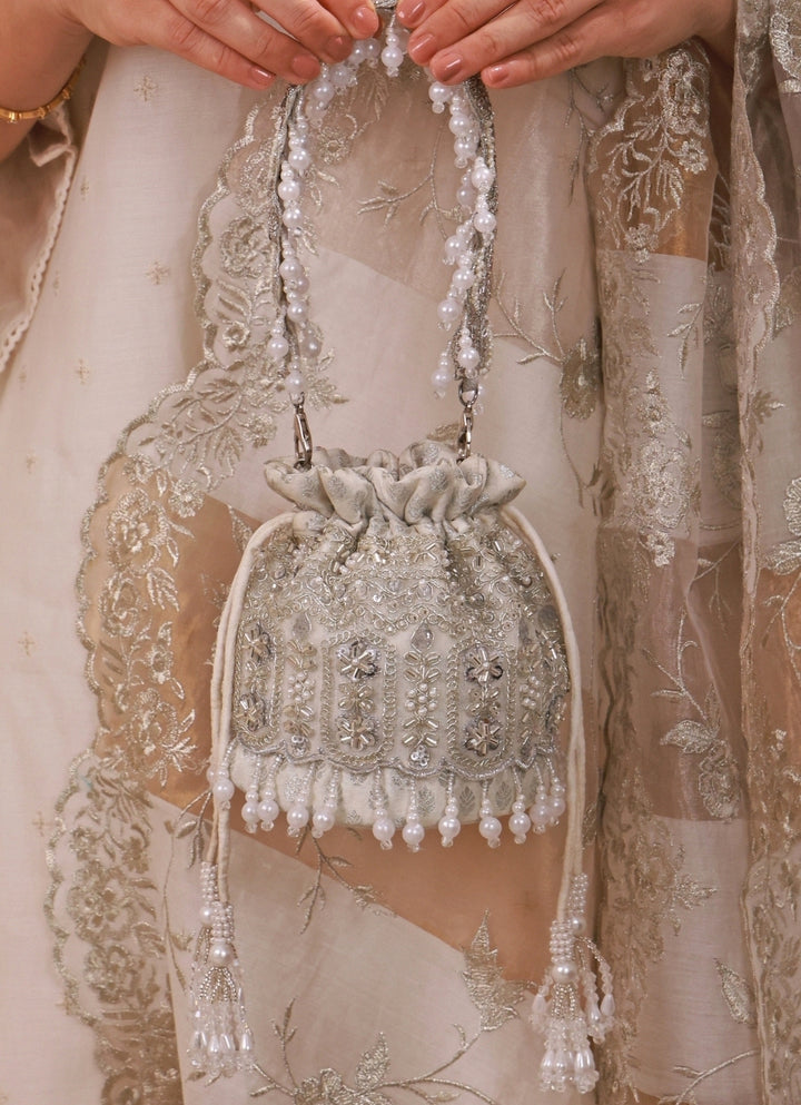 Silver Pearl Brocade Silk Mini Potli