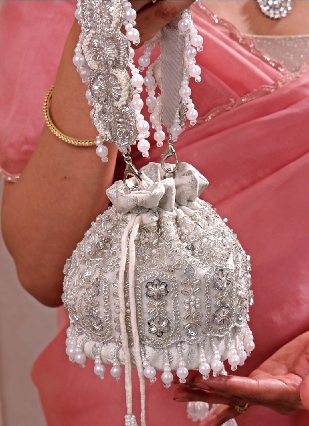 Silver Pearl Brocade Silk Mini Potli