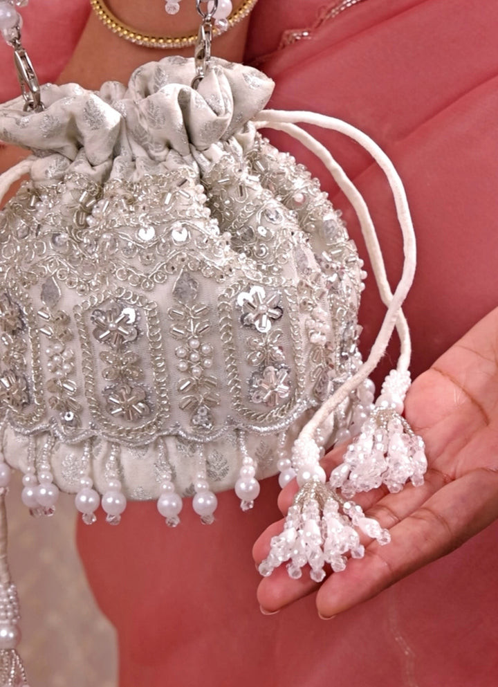 Silver Pearl Brocade Silk Mini Potli