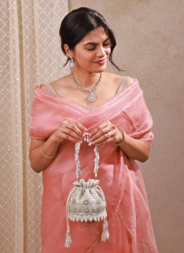 Silver Pearl Brocade Silk Mini Potli