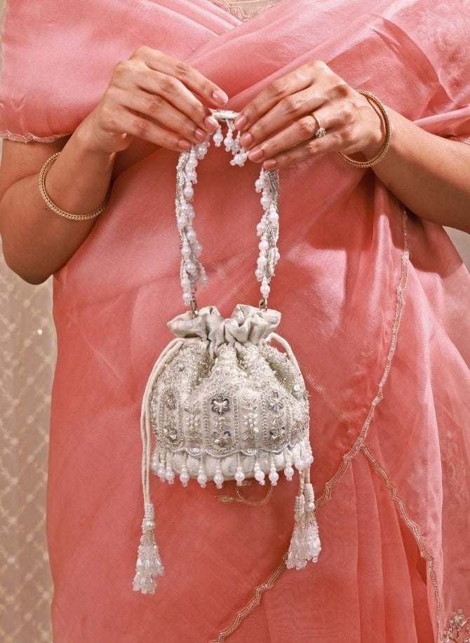 Silver Pearl Brocade Silk Mini Potli