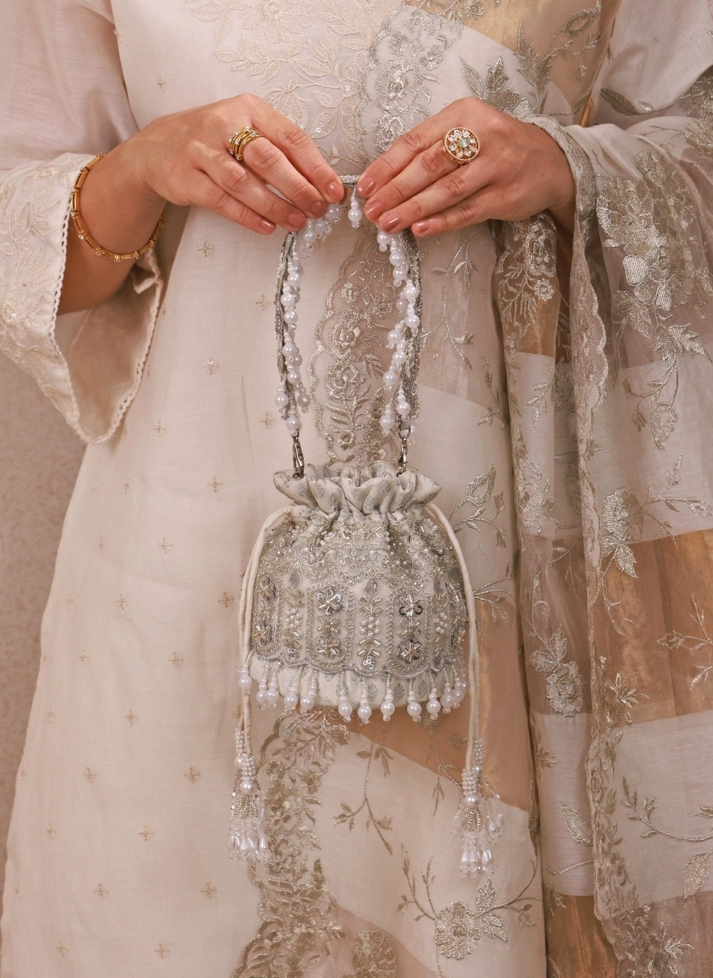 Silver Pearl Brocade Silk Mini Potli