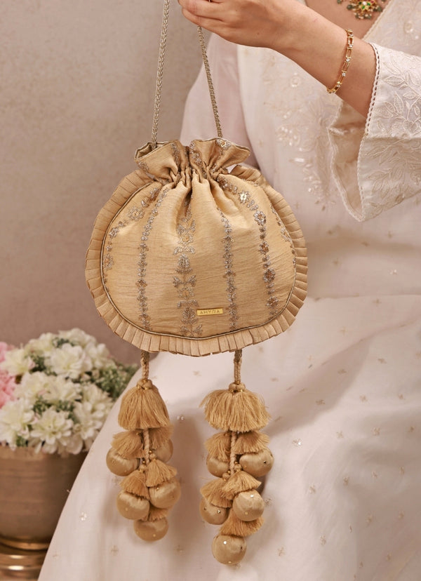 Gold Embroidered Silk Pleated Potli