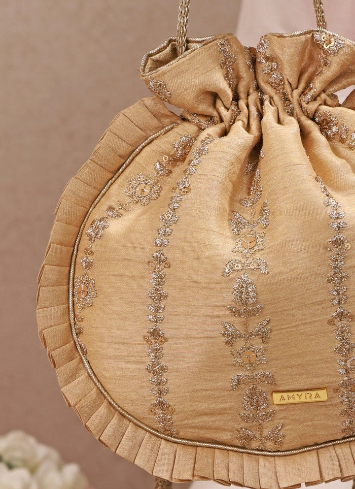 Gold Embroidered Silk Pleated Potli