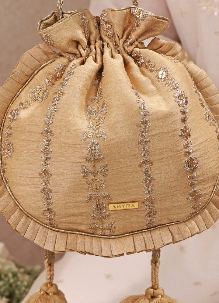 Gold Embroidered Silk Pleated Potli