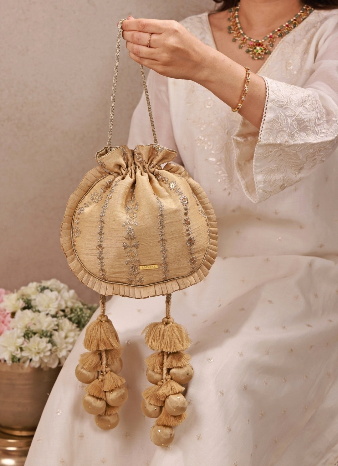 Gold Embroidered Silk Pleated Potli