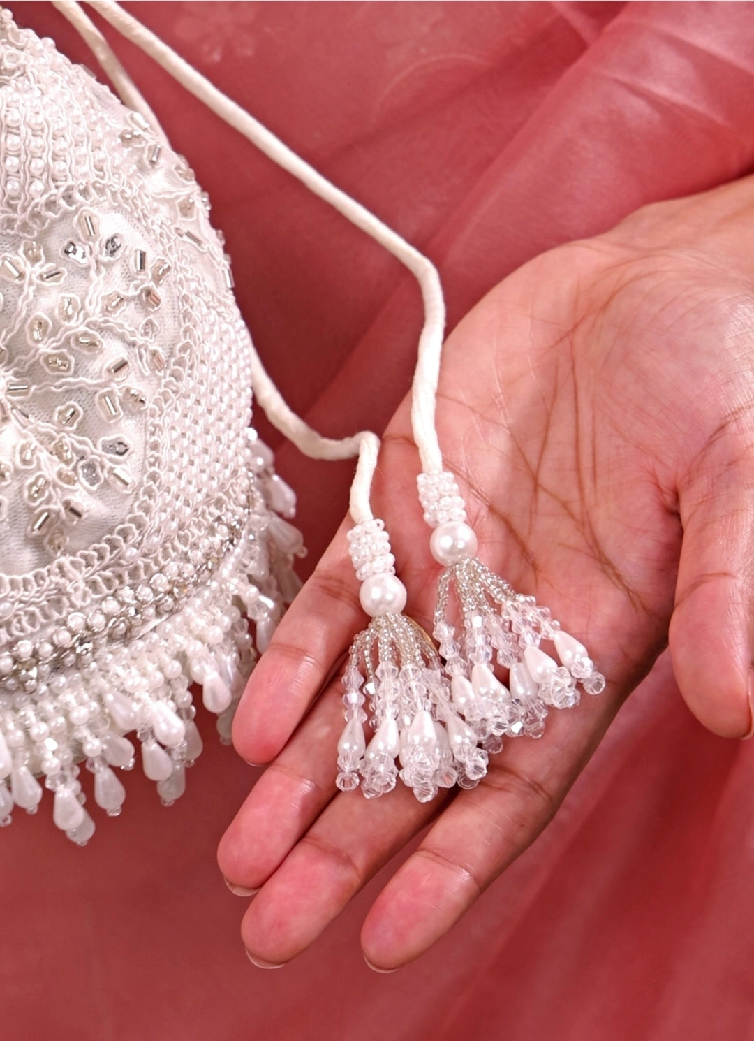 Silver Pearl Embroidered Silk Potli