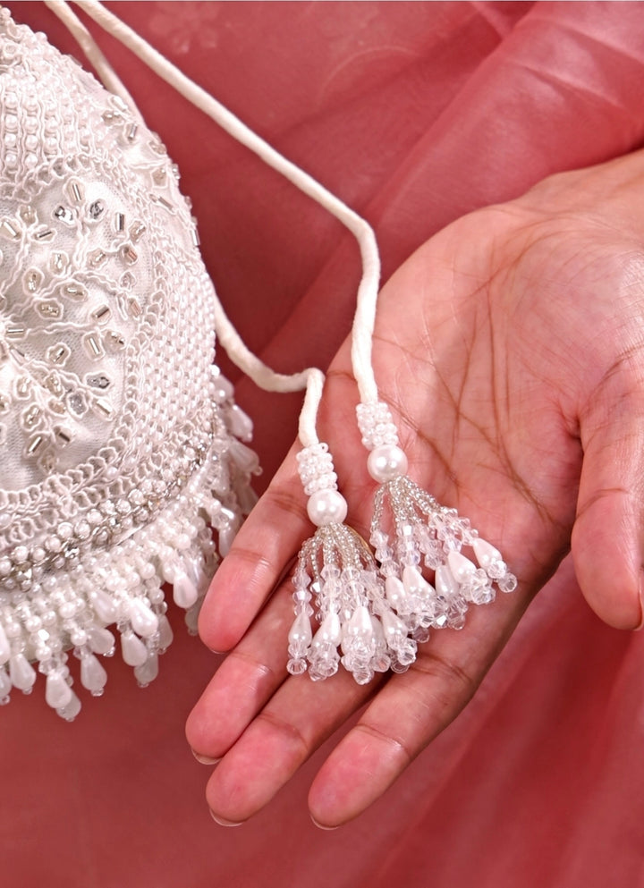 Silver Pearl Embroidered Silk Potli