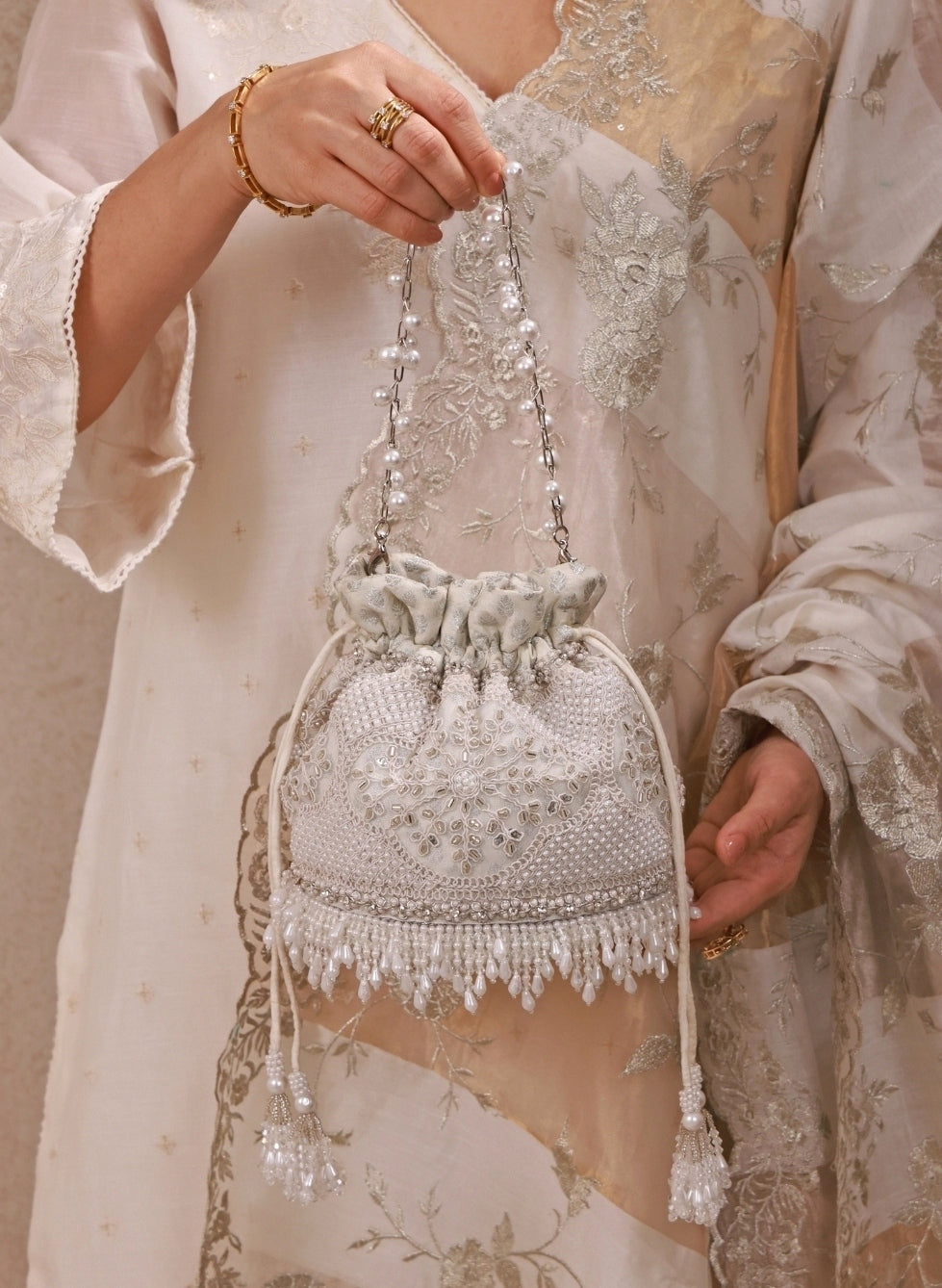 Silver Pearl Embroidered Silk Potli