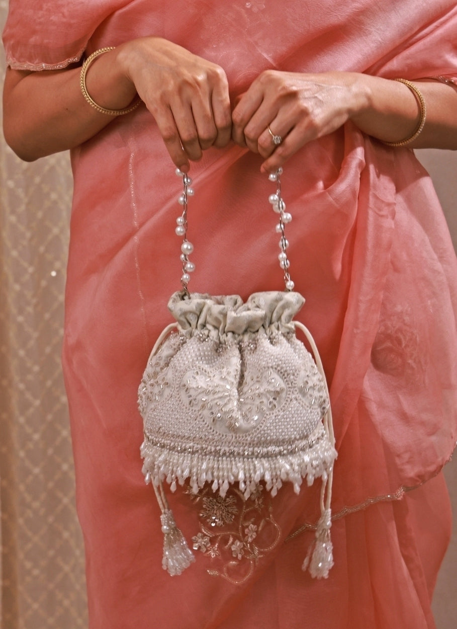 Silver Pearl Embroidered Silk Potli