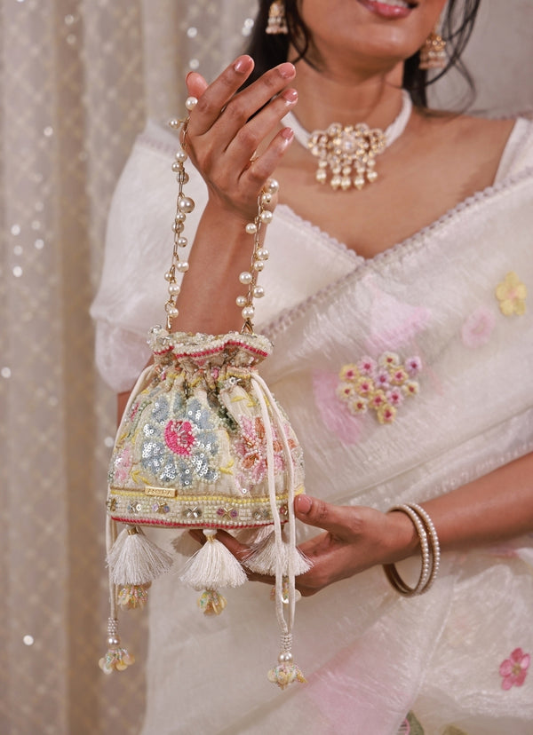Multicolor Floral Embroidered Silk Mini Potli