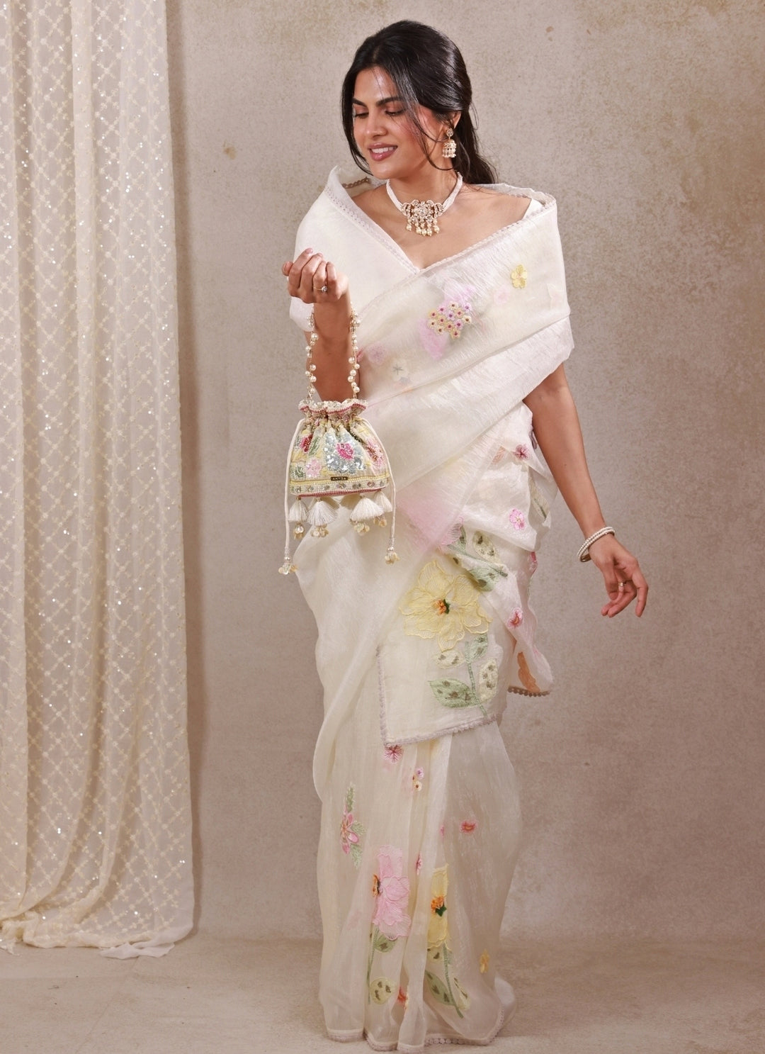Multicolor Floral Embroidered Silk Mini Potli