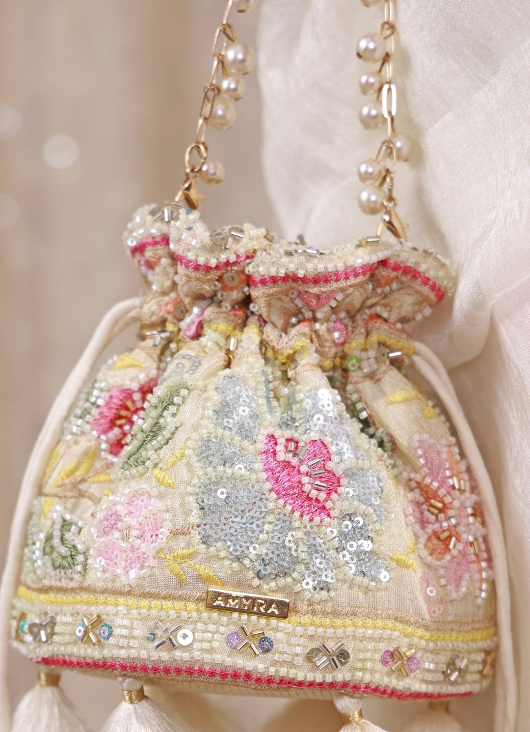 Multicolor Floral Embroidered Silk Mini Potli