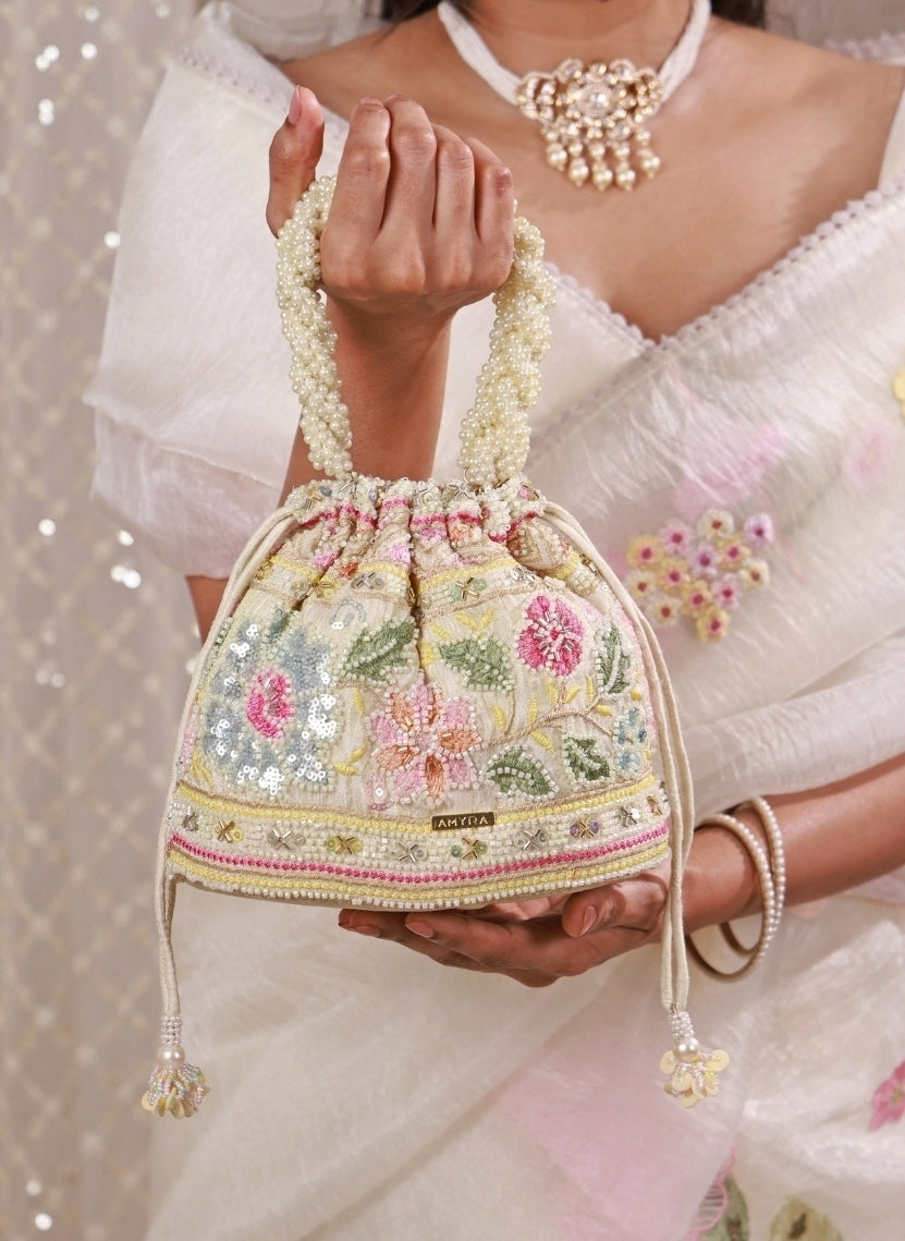 Multicolor Floral Embroidered Silk Bucket Bag