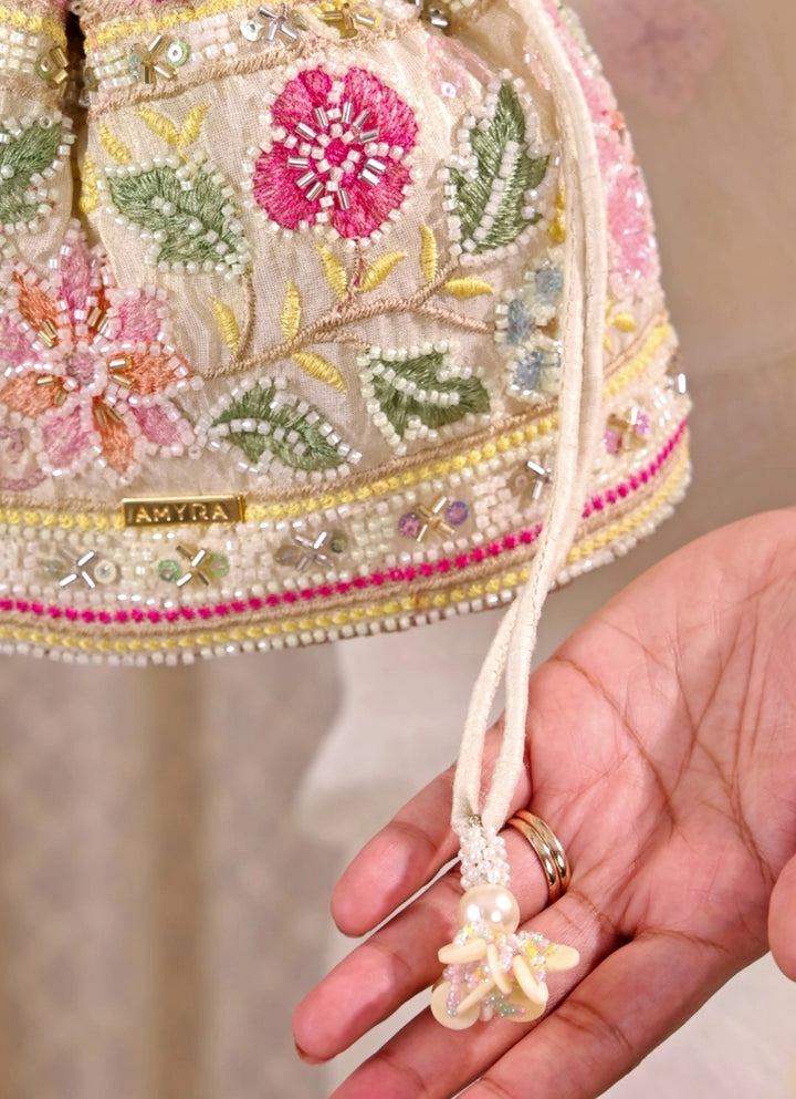 Multicolor Floral Embroidered Silk Bucket Bag