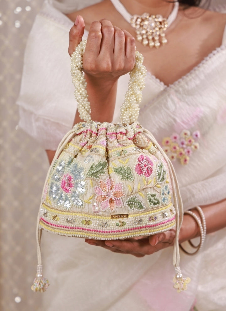 Multicolor Floral Embroidered Silk Bucket Bag