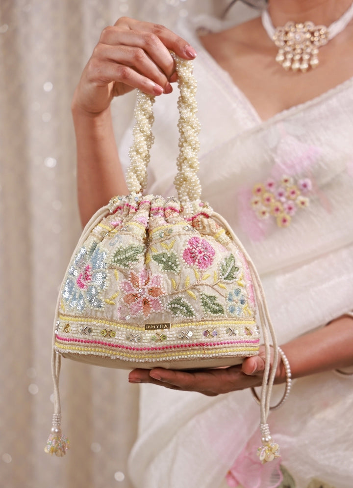Multicolor Floral Embroidered Silk Bucket Bag