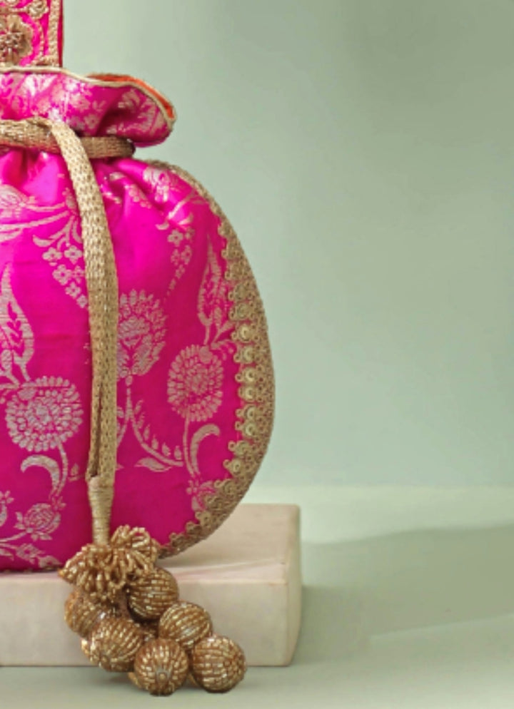Pink Raw Silk Embroidered Potli