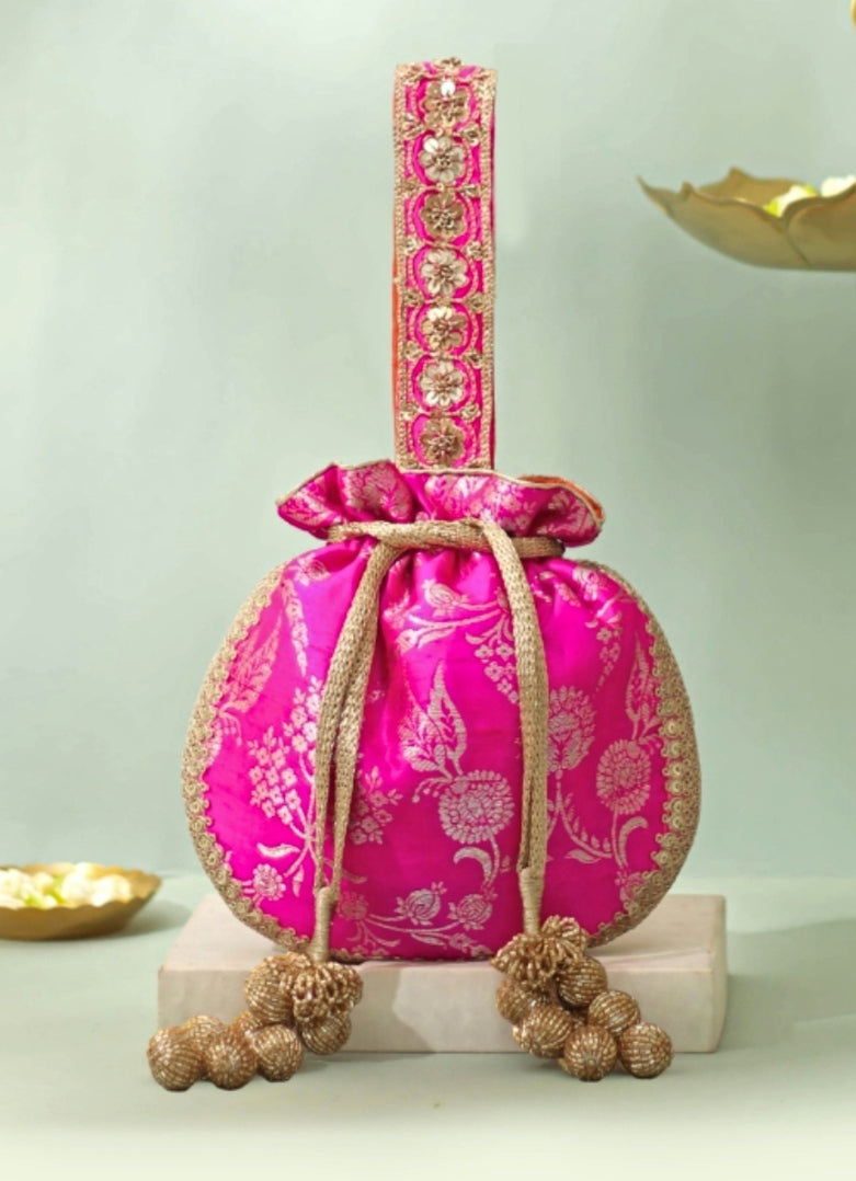 Pink Raw Silk Embroidered Potli