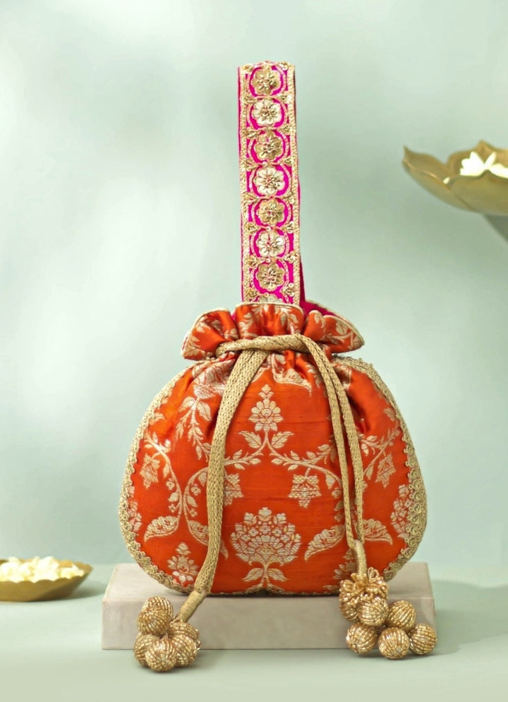 Rust Orange Raw Silk Embroidered Potli