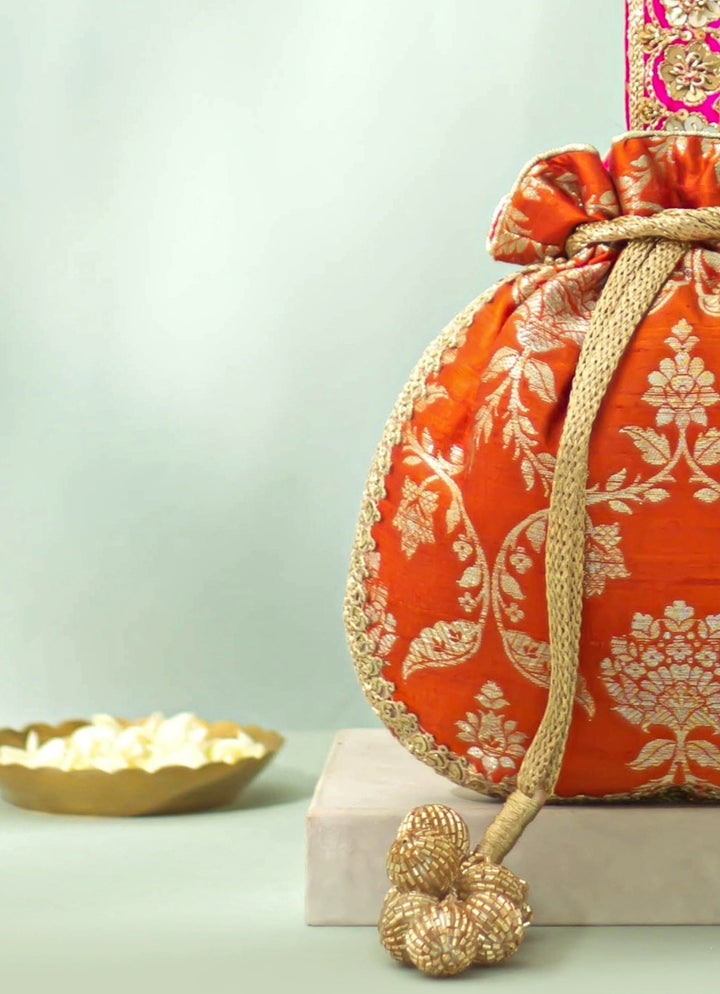 Rust Orange Raw Silk Embroidered Potli
