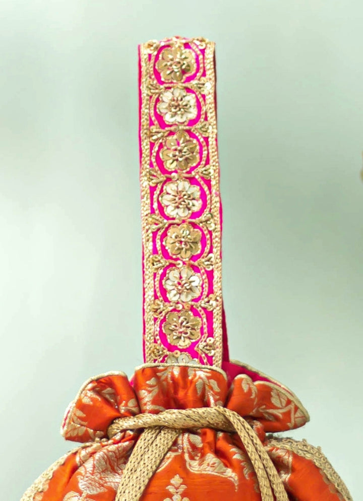 Rust Orange Raw Silk Embroidered Potli