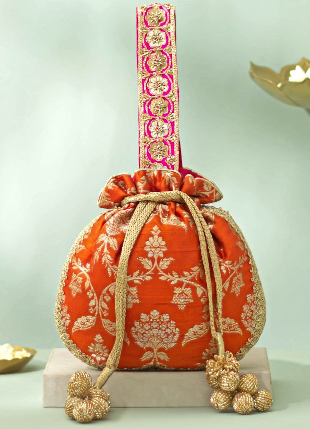 Rust Orange Raw Silk Embroidered Potli