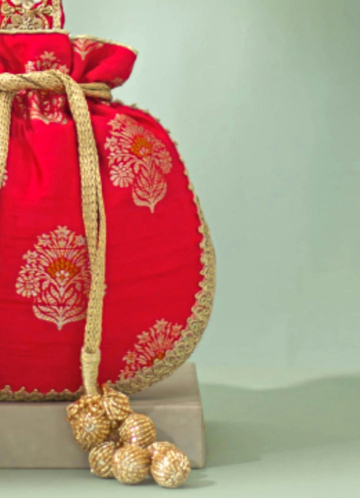 Red Raw Silk Embroidered Potli