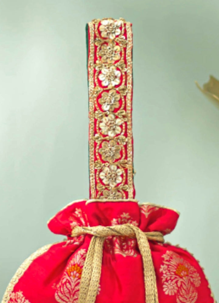 Red Raw Silk Embroidered Potli