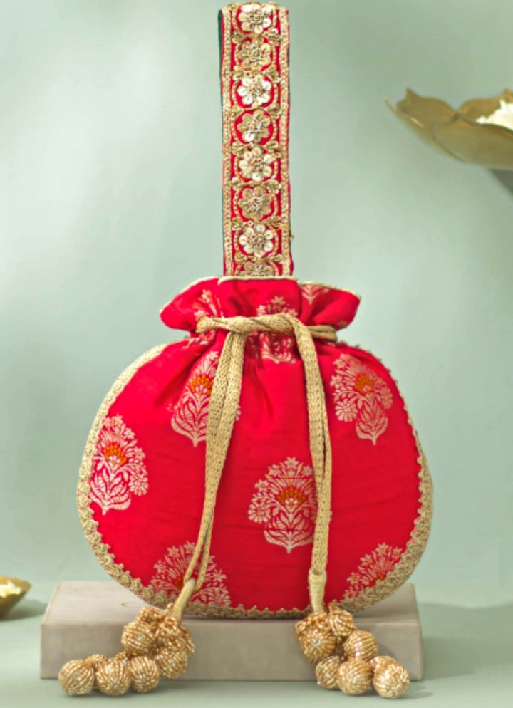 Red Raw Silk Embroidered Potli