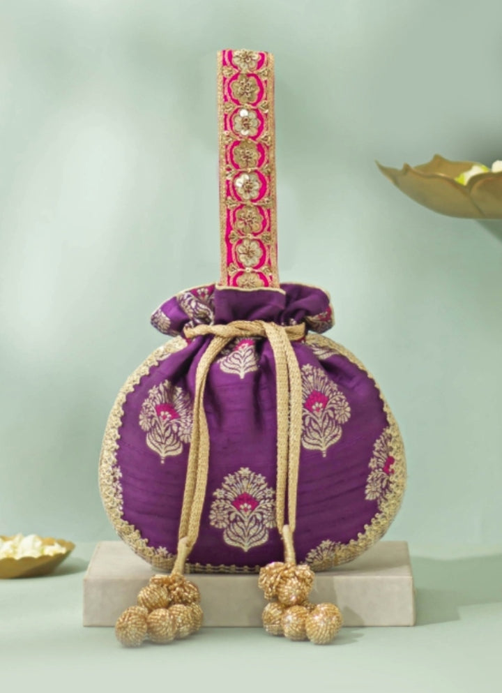 Purple Raw Silk Embroidered Potli