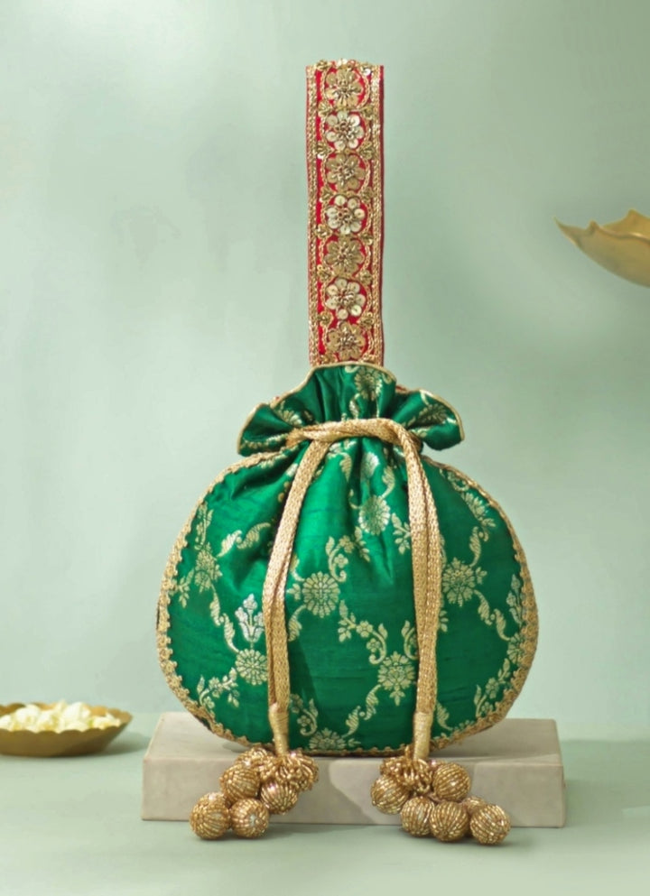 Deep Green Raw Silk Embroidered Potli