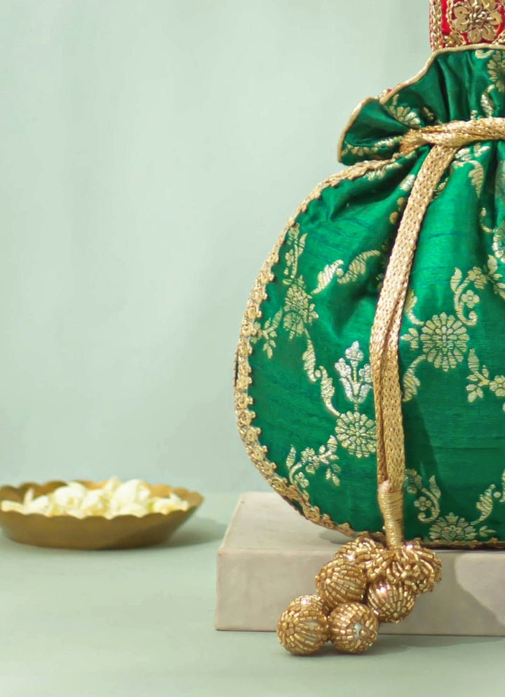 Deep Green Raw Silk Embroidered Potli