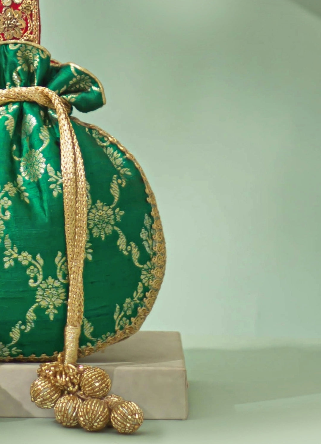 Deep Green Raw Silk Embroidered Potli