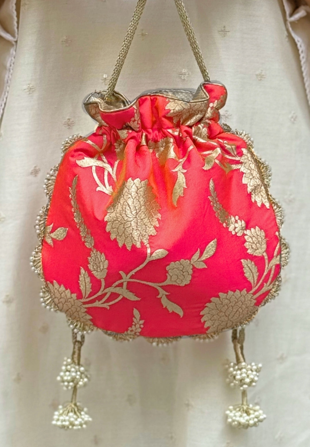 Coral Pink Banarasi Potli
