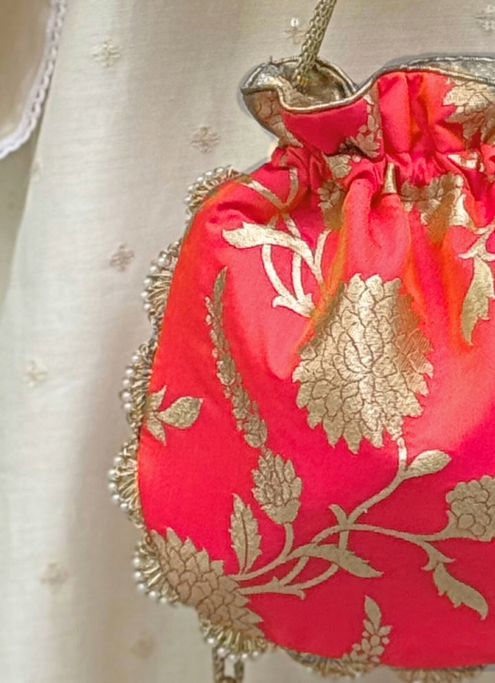 Coral Pink Banarasi Potli