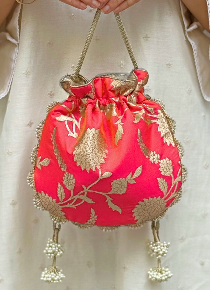 Coral Pink Banarasi Potli