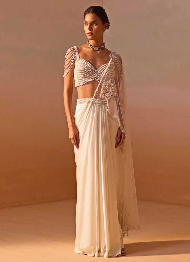 Ivory Satin Pre-Draped Saree With Pearl Bustier
