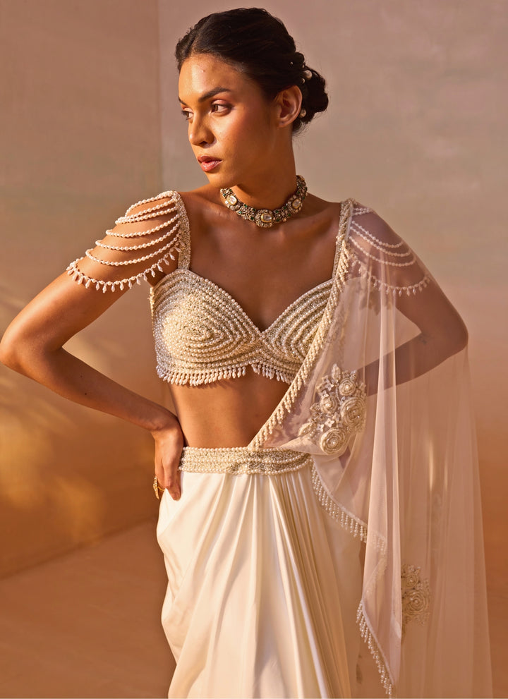 Ivory Satin Pre-Draped Saree With Pearl Bustier