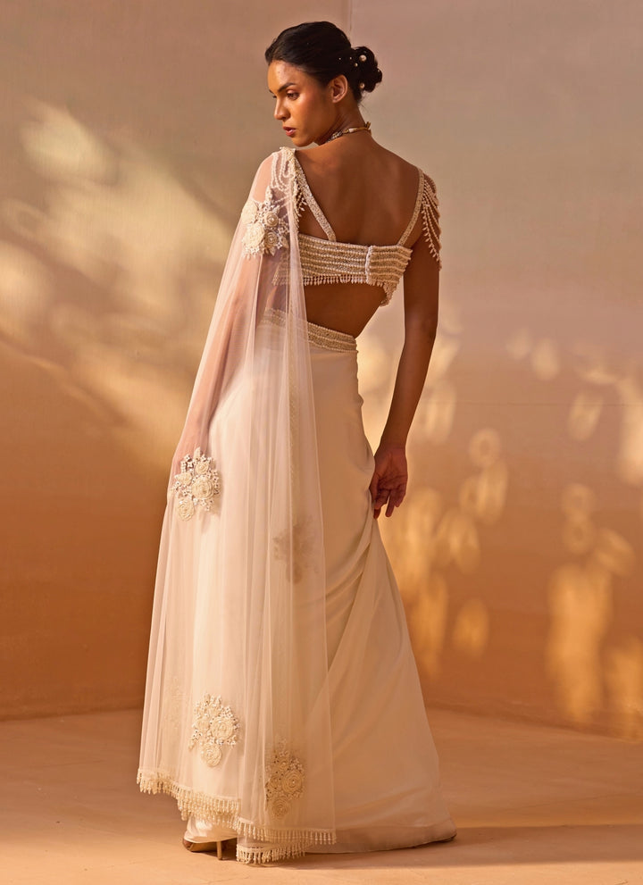 Ivory Satin Pre-Draped Saree With Pearl Bustier