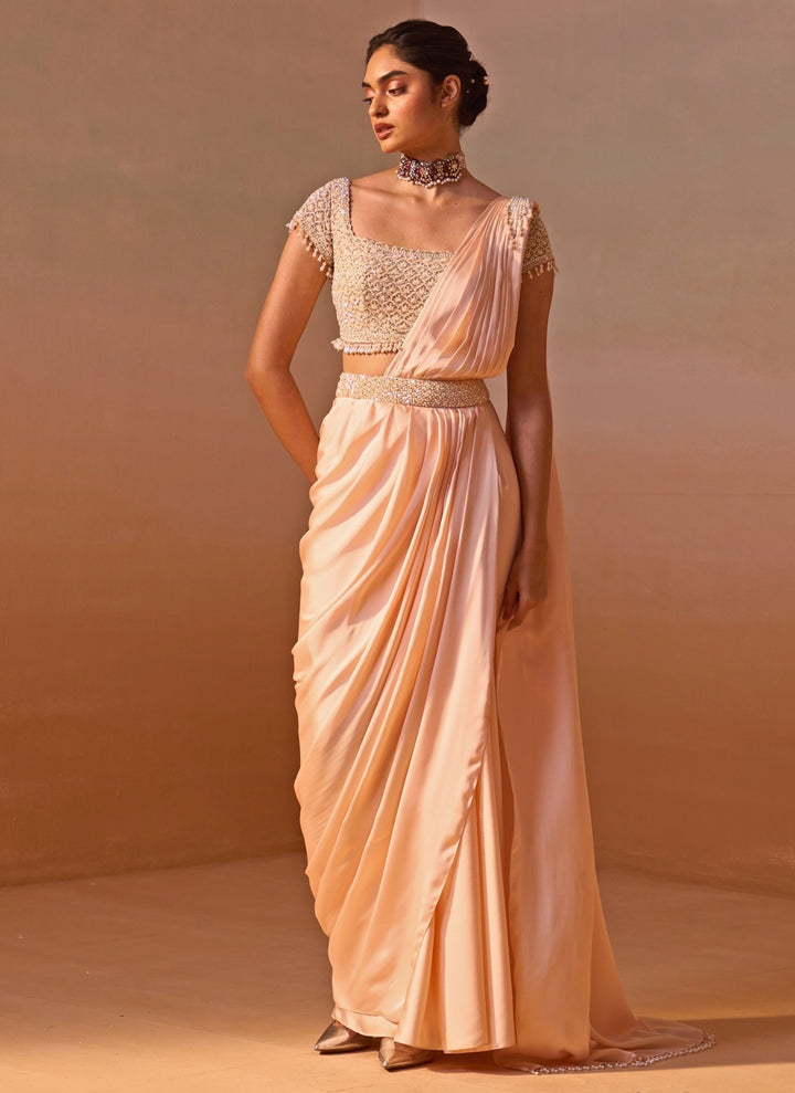 Blush Pink Satin Pre Draped Saree Set