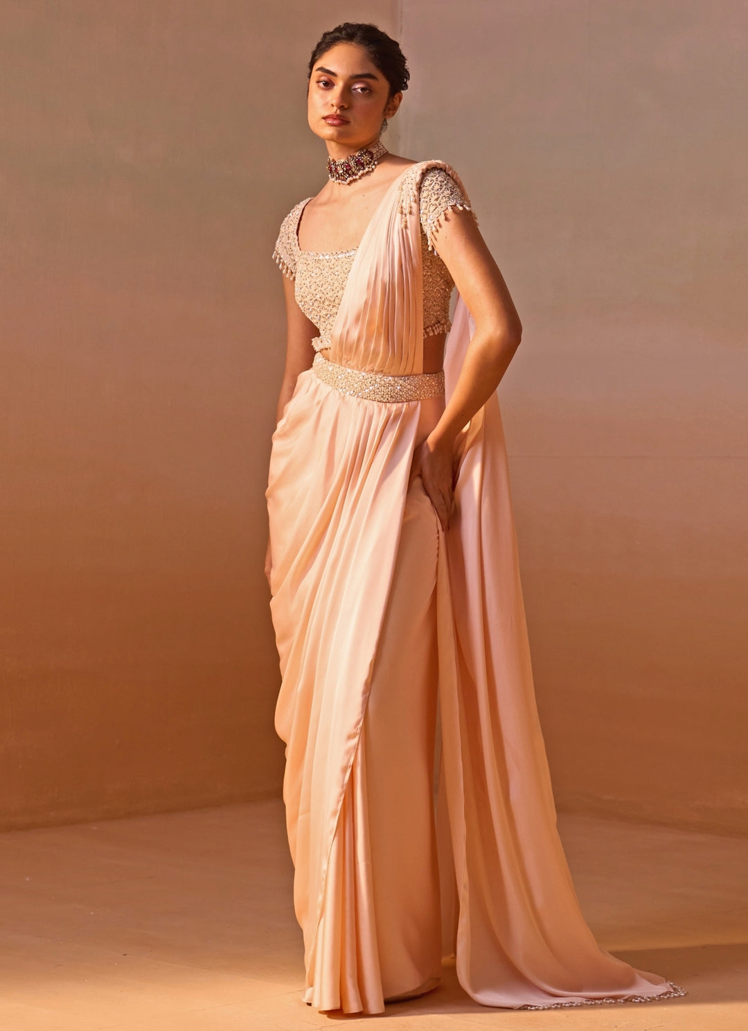 Blush Pink Satin Pre Draped Saree Set