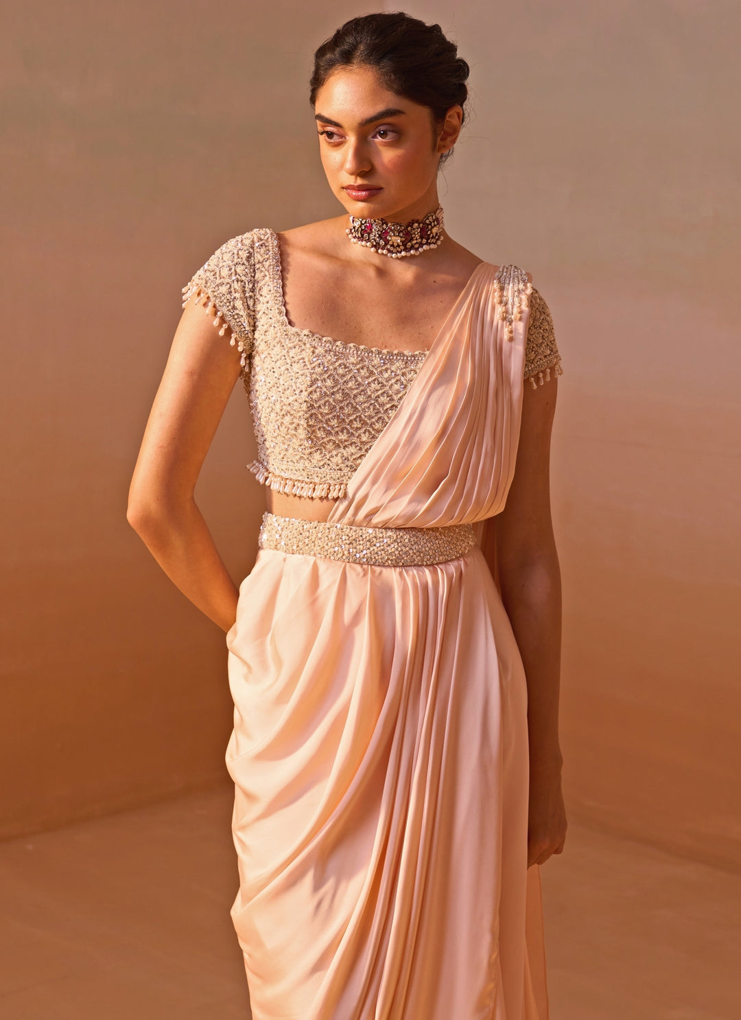 Blush Pink Satin Pre Draped Saree Set