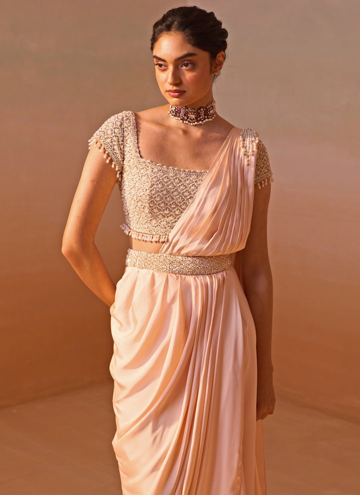 Blush Pink Satin Pre Draped Saree Set